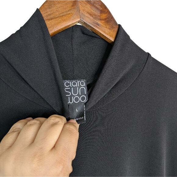 Clara Sun Woo Black Cold Shoulder Top L Mock Neck Tunic Jersey Knit Stretch - Picture 6 of 11